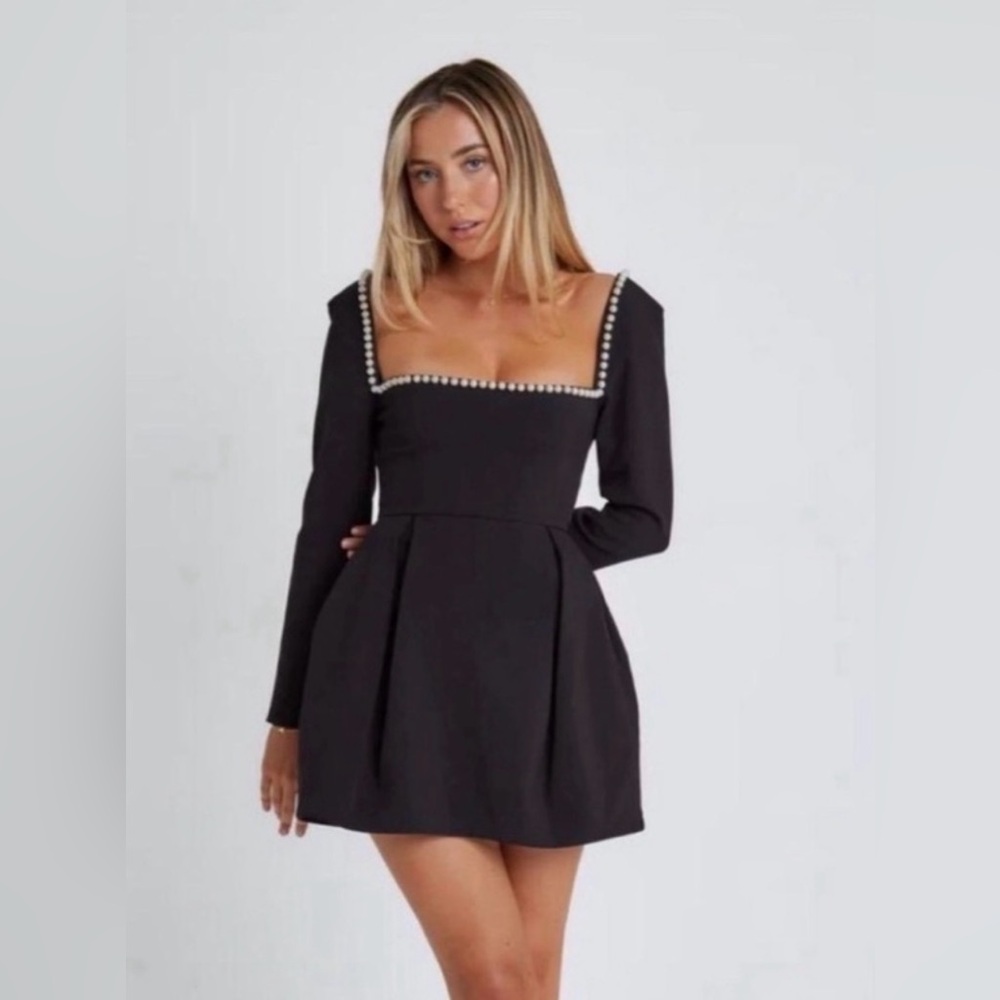 Long Sleeve Black Square Neck Mini Dress with Pearl Trim